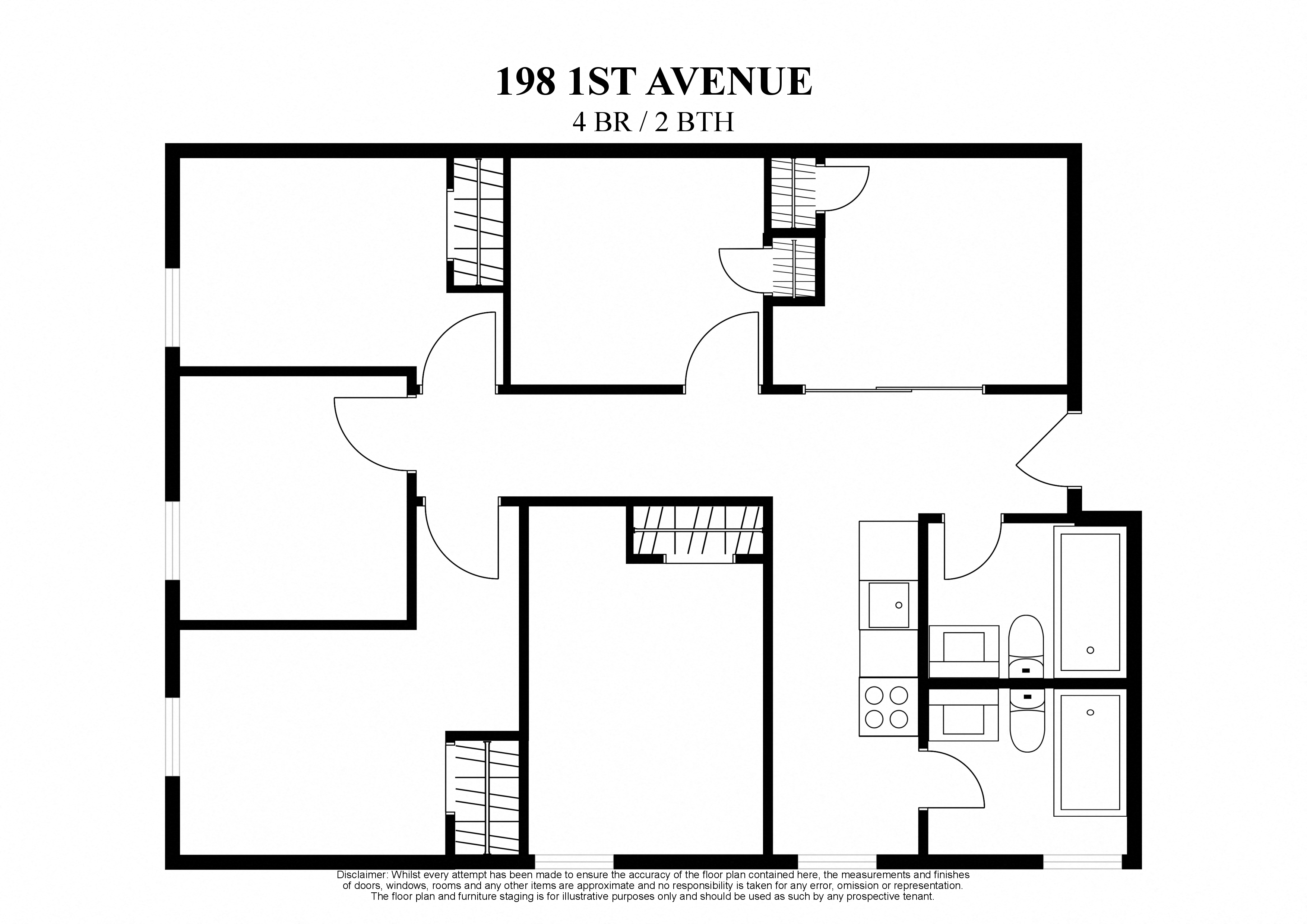 Floor plan for 4 beds, 2 baths, 600 sqft